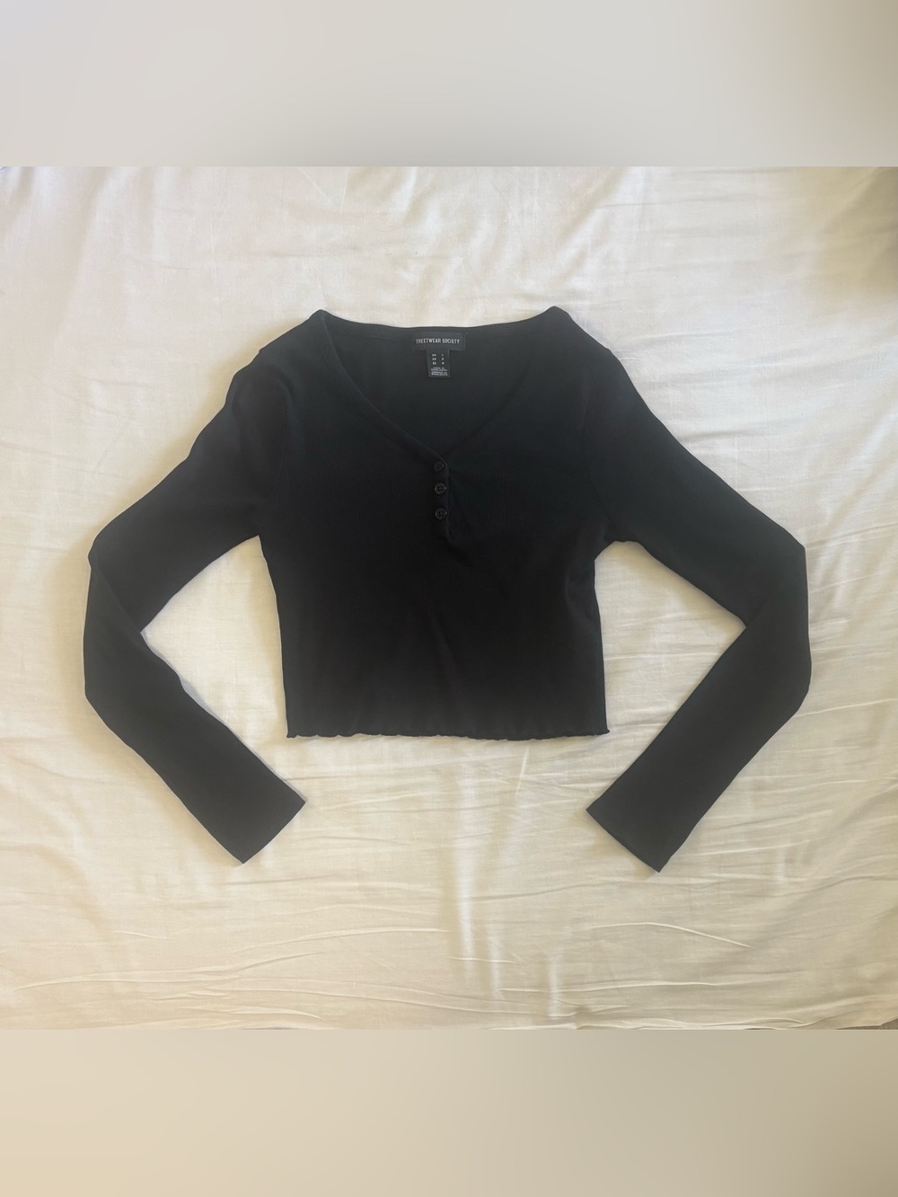 Streetwear Society Black Ribbed Henley Long Sleeve Crop Top
